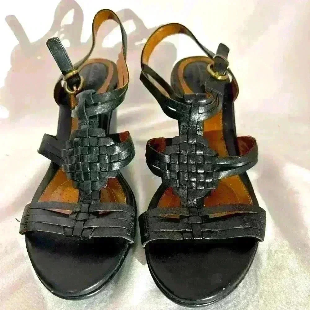 Clarks Artisan Leather Sling back Wedge Sandals Black 60793 Size 9.5